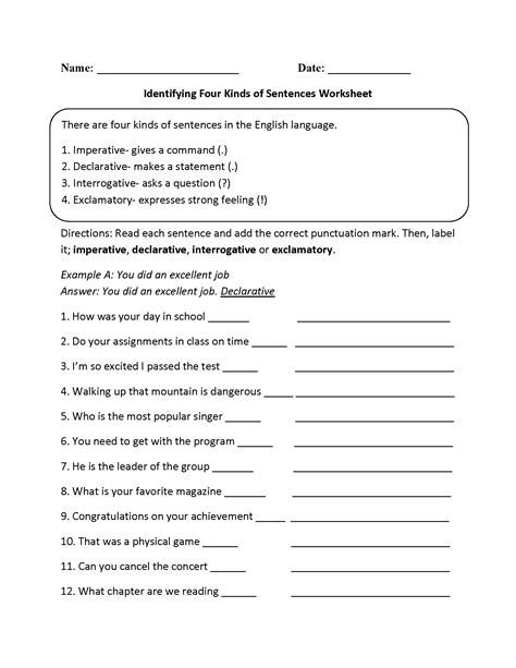 four types of sentences worksheet grade 4